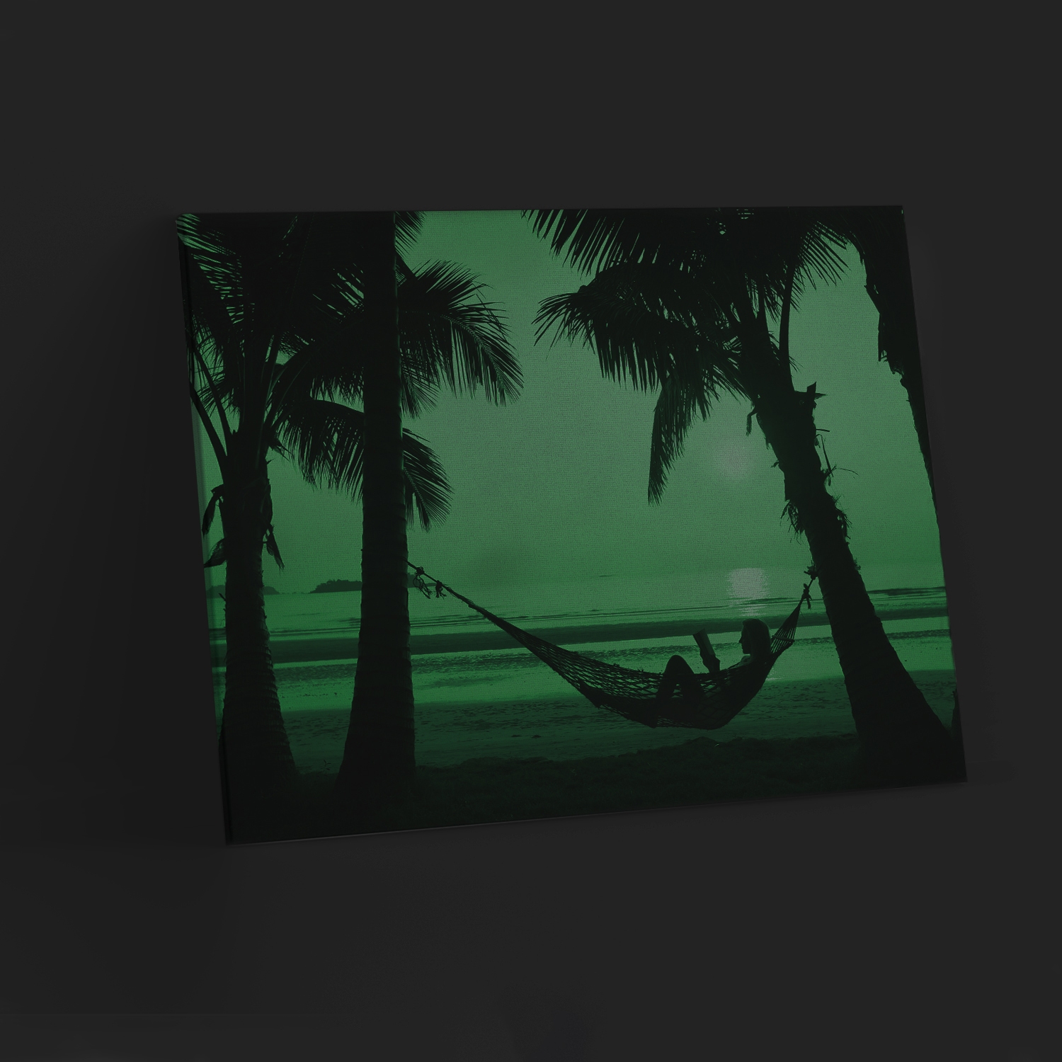 Tablou canvas luminos Hamac intre palmieri, Picma, dualview, panza + sasiu lemn, 80 x 120 cm