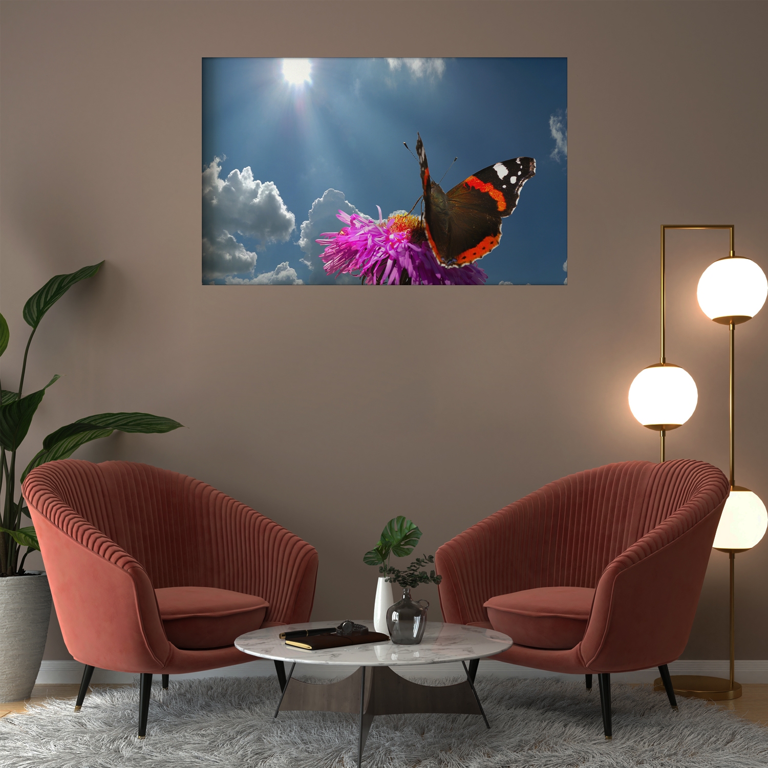 Tablou canvas luminos Fluture si floare, Picma, dualview, panza + sasiu lemn, 80 x 120 cm