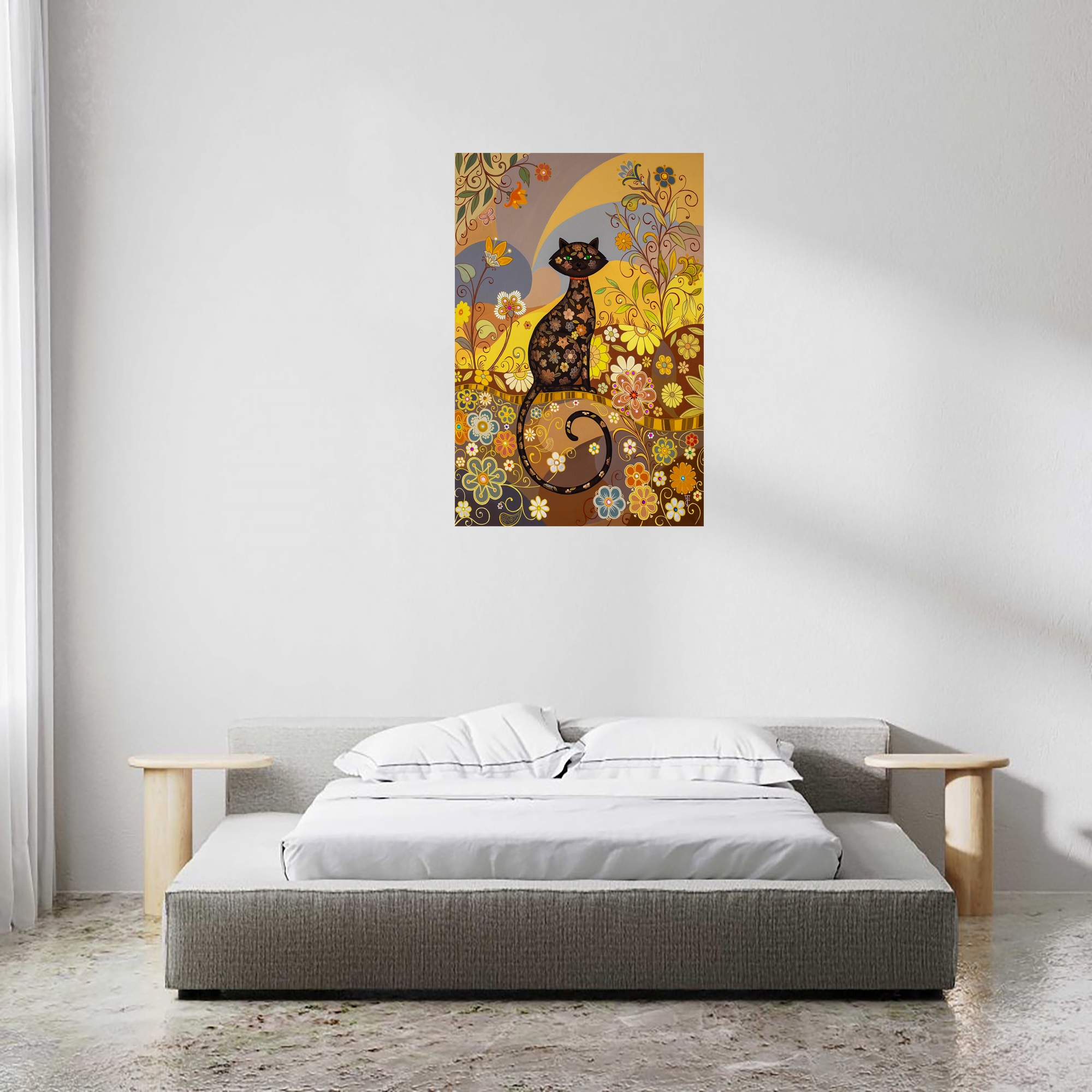 Tablou canvas Flower Cat, SimplyArt, standard, panza + sasiu lemn de brad, 60 x 40 cm