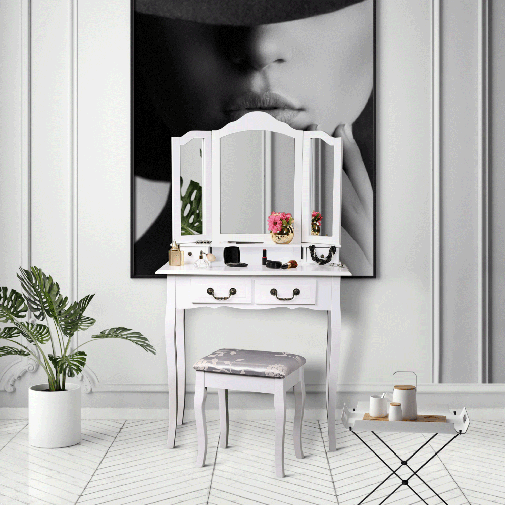 Masa de toaleta / machiaj + scaun Regina, cu sertare si oglinzi, alba, 80 x 40 x 142 cm, 1C