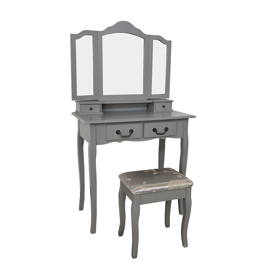 Masa de toaleta / machiaj + scaun Regina, cu sertare si oglinzi, gri, 80 x 40 x 142 cm, 1C
