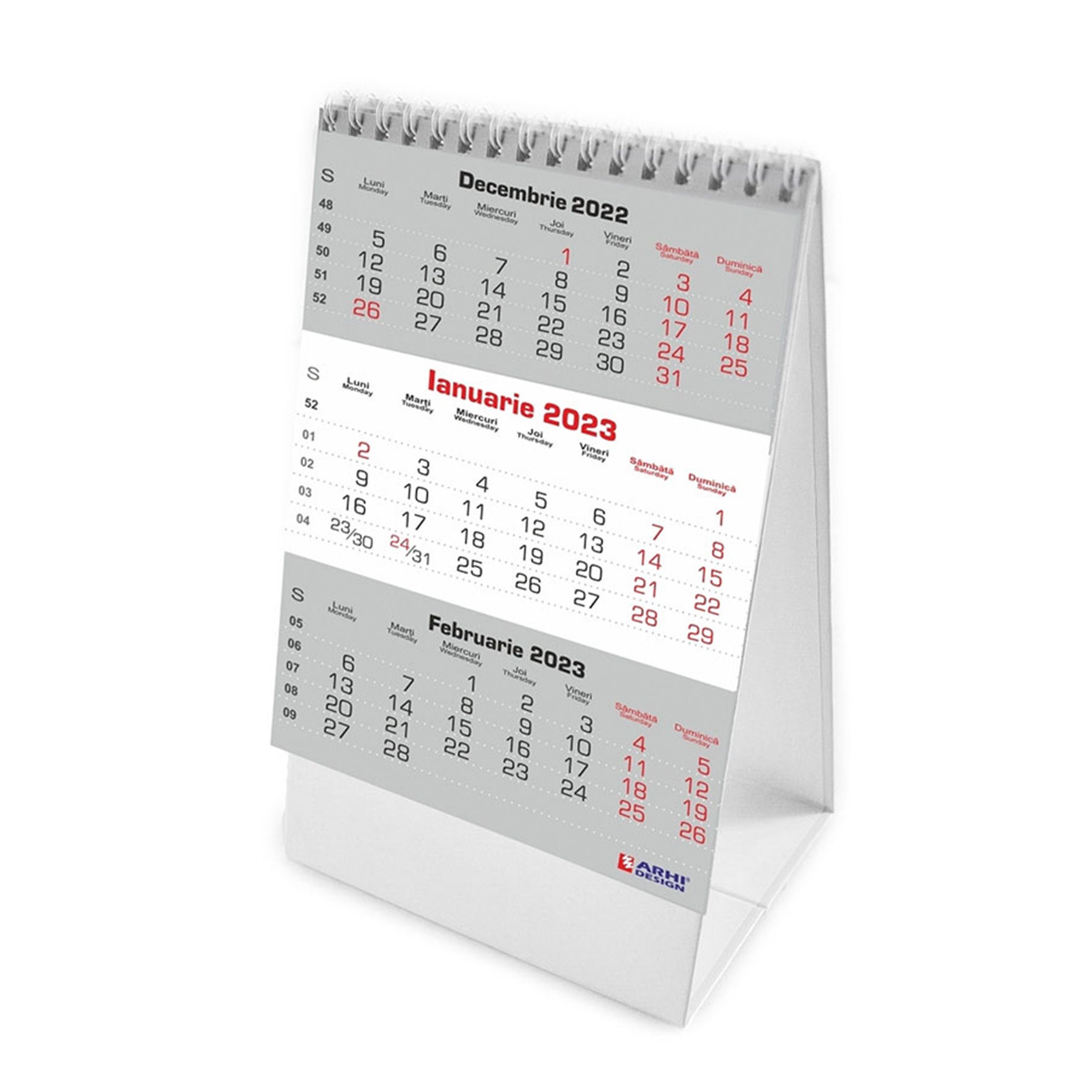 Calendar de birou 2023, Triptic Lux, Arhi Design, carton lucios, format  A3, 6 coli, 13.5 x 22 cm