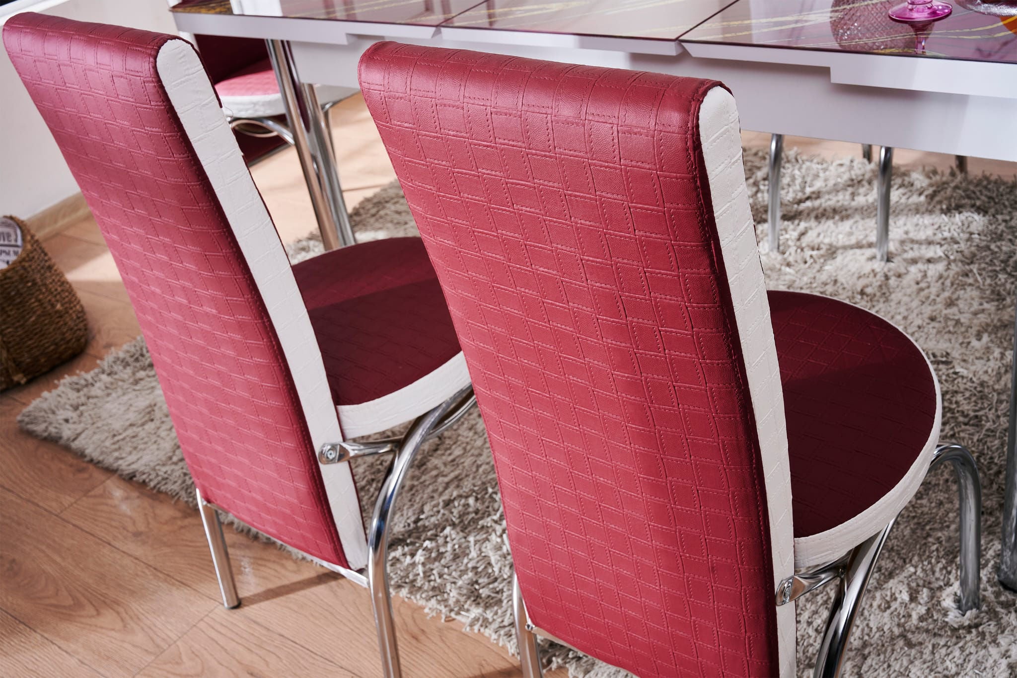 Set masa extensibila cu 6 scaune tapitate Orhidee, bucatarie, bordo + alb, 3C