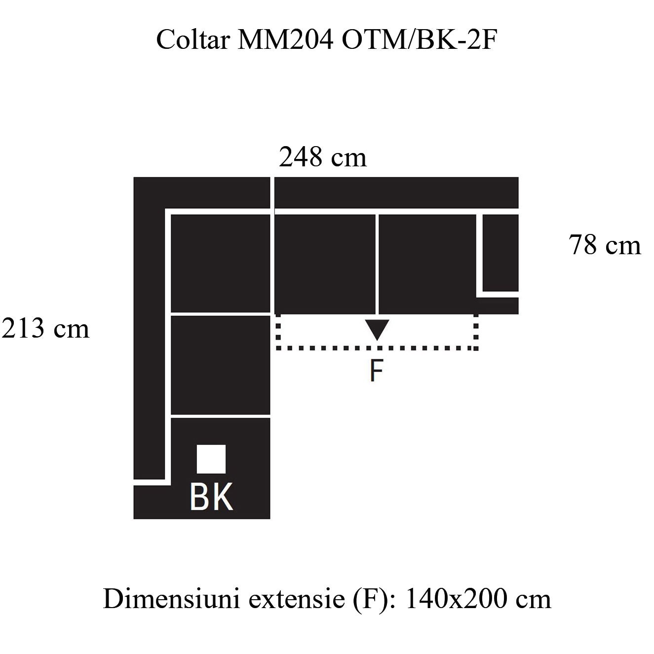 Coltar living extensibil pe dreapta MM204 OTM/BK-2F, cu lada, gri deschis, 248 x 213 x 89 cm, 2C