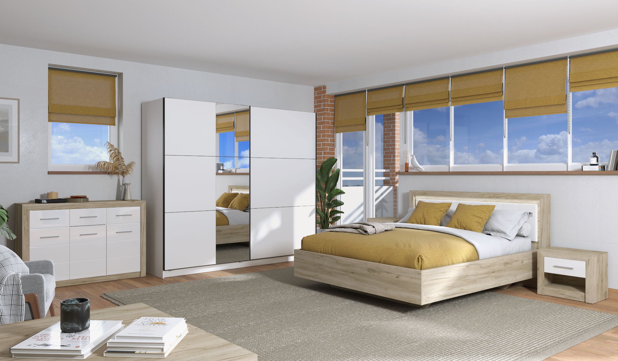 Dormitor complet Sierra C3, stejar gri + alb, 5 piese,  16C