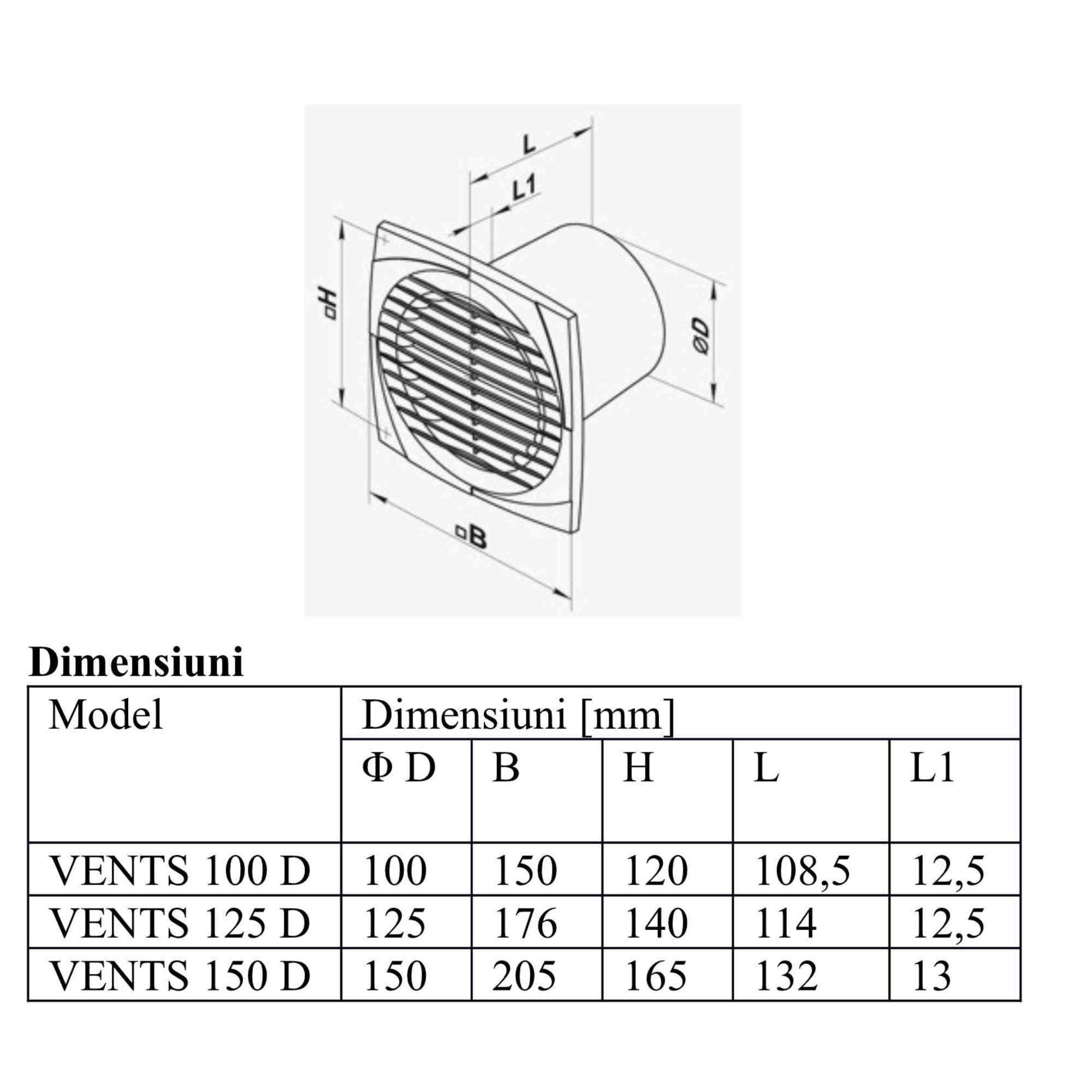 Ventilator axial cu timer Vents 100 DT, D 100 mm, 14 W, 2300 RPM, 95 mc/h