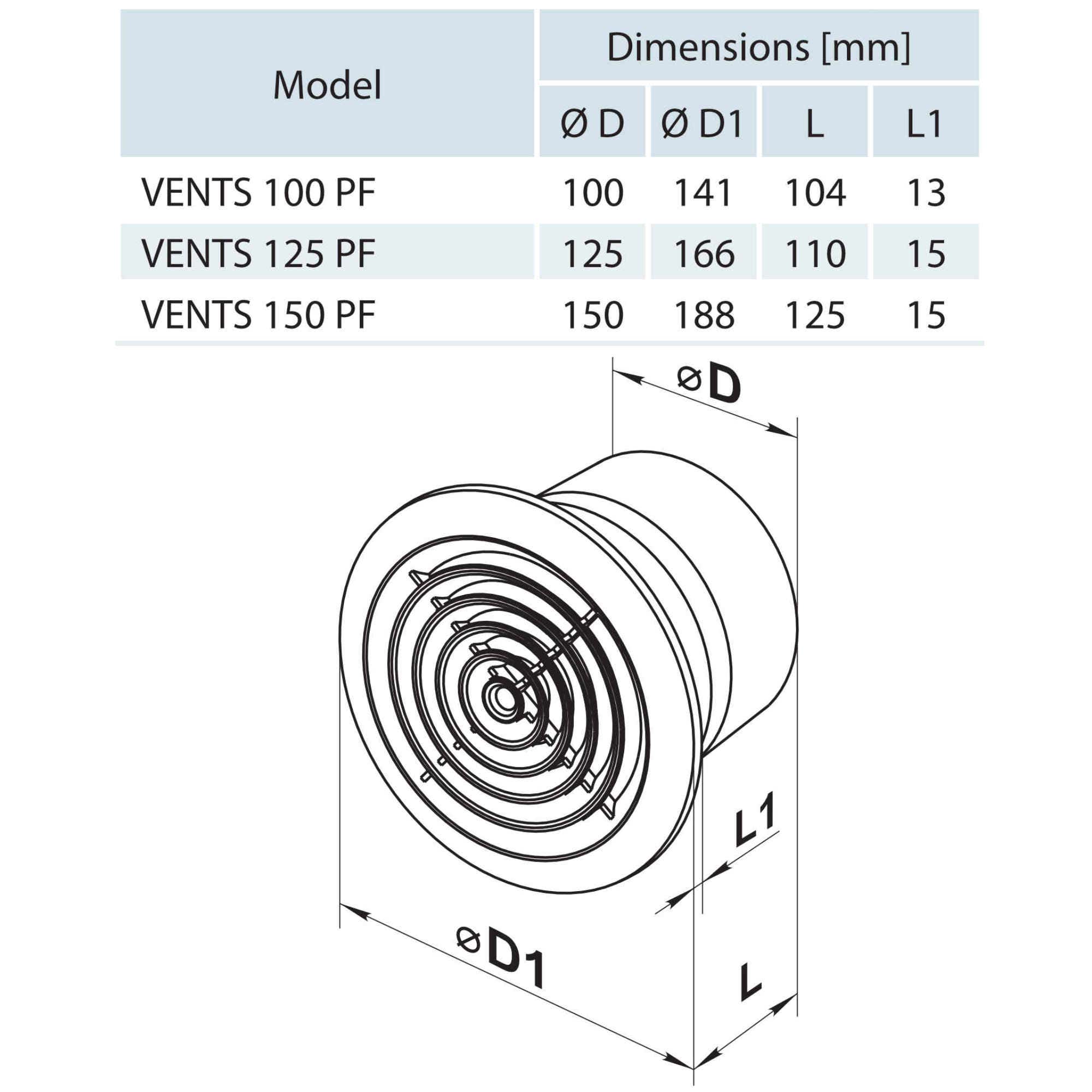 Ventilator axial tavan Vents 150 PF, D 150 mm, 24 W, 2400 RPM, 292 mc/h