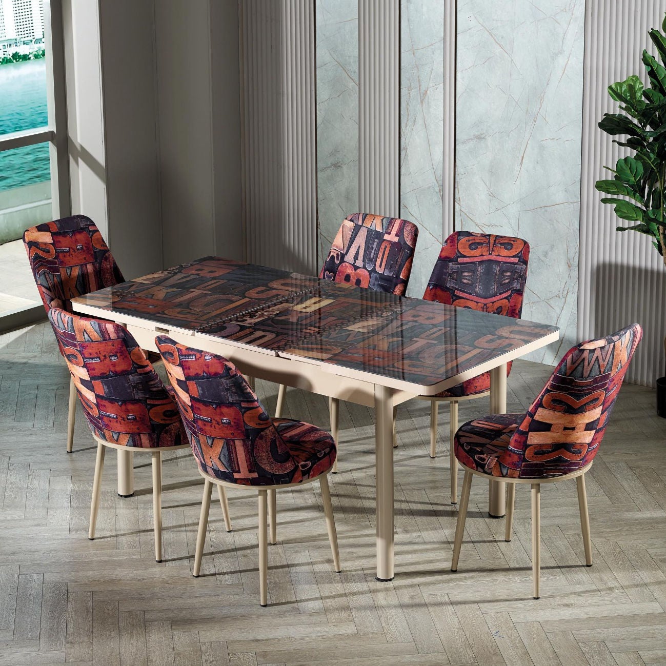 ribbon Integral Victor Dedeman - Set masa extensibila cu 6 scaune tapitate Gold 855, bucatarie,  model litere, rosu + bej, 3C - Dedicat planurilor tale