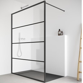 Perete dus tip walk-in, sticla cu model orizontal, profil perimetral negru, Profiltek Nordic, 90 x 195 cm