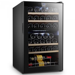 Racitor pentru vin Samus SRV98LMCD, 5 rafturi din lemn, 88 litri, capacitate 33 sticle, clasa G, 2 zone de racire, termostat reglabil, racire cu compresor, iluminare interioara LED, control tactil cu afisaj electronic, 88 x 53.5 x 46.5 cm