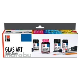 Set pentru incepatori Marabu Glas Art, vopsea sticla 4 x 15 ml + pasta relief + pensula