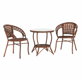 Set masa rotunda cu 2 scaune, pentru gradina, Jarub, din metal + ratan + sticla