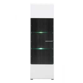 Vitrina living Enzo 1K VS, cu usa sticla + lumini, alb mat + lemn negru + folie lucioasa alba, 58 x 35 x 190 cm, 3C