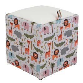 Taburet Box tip cub, cu spatiu depozitare, fix, patrat, stofa + imitatie piele, safari + alb, 37 x 37 x 41 cm