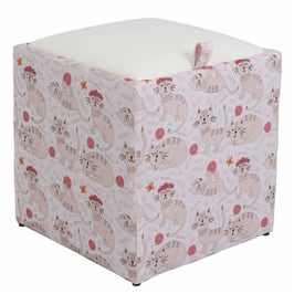 Taburet Box tip cub, cu spatiu depozitare, fix, patrat, stofa + imitatie piele, pisici roz + alb, 37 x 37 x 41 cm