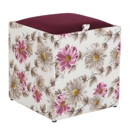 Taburet Box tip cub, cu spatiu depozitare, fix, patrat, stofa, model floral + mov, 37 x 37 x 41 cm