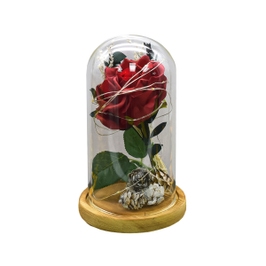 Flori in cupola de sticla D4004, textil, rosu, cu lumina LED, 19 cm