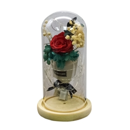 Flori in cupola de sticla D4015, textil, rosu, cu lumina LED, 20 cm