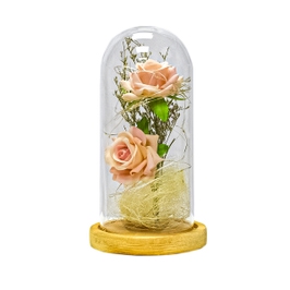 Flori in cupola de sticla D4033, textil, roz, cu lumina LED, 20 cm