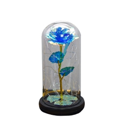 Flori in cupola de sticla D4042, metal, albastru, cu lumina LED, 20 cm