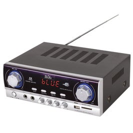 Amplificator Home BTA 240, cu multimedia, 120 W, Bluetooth, USB, SD card slot, radio FM, 2 x intrare microfon, 2 x intrare audio RCA stereo, egalizator, potentiometru, negru + argintiu, telecomanda