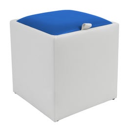 Taburet Box tip cub, cu spatiu depozitare, fix, patrat, imitatie piele, alb + albastru, 37 x 37 x 41 cm