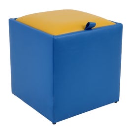 Taburet Box tip cub, cu spatiu depozitare, fix, patrat, imitatie piele, albastru + galben, 37 x 37 x 41 cm