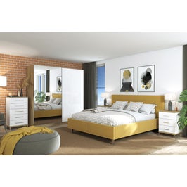 Dormitor complet Mondego 220 C5, stejar artisan + alb + galben, 5 piese, 15C