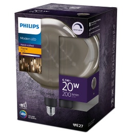 Bec LED filament Philips glob G200 E27 6.5W 200lm lumina calda 1800 K, fumuriu, dimabil