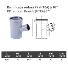 Ramificatie PP HTEA, pentru scurgere, D 110 x 50 mm, 67 grade