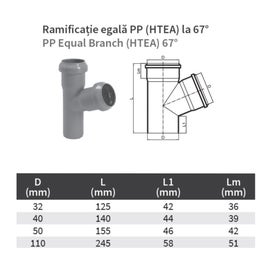 Ramificatie PP HTEA, pentru scurgere, D 110 x 110 mm, 67 grade