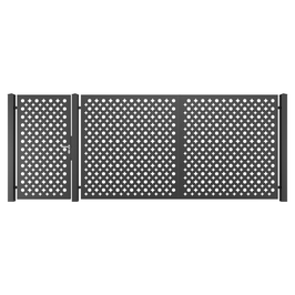 Porti metalice din tabla decupata, set poarta pietonala (stanga) si poarta auto, M40, otel, negru (RAL 9005), 4280 x 1800 mm