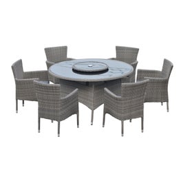 Set masa rotunda, cu 6 scaune cu perne, pentru gradina, Chicago, din metal + ratan sintetic