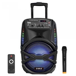 Boxa portabila activa Samus Karaoke 8, 40 W, Bluetooth, USB, micro SD card slot, Aux in, radio FM, afisaj LED, negru, microfon, telecomanda, troler inclus