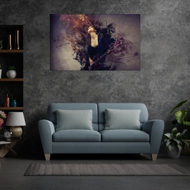 Tablou canvas luminos Chitarista in flacari, Picma, dualview, panza + sasiu lemn, 60 x 90 cm
