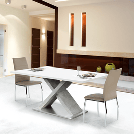 Masa bucatarie fixa Farnel, dreptunghiulara, 6 persoane, alb lucios + beton + crom, 160 x 90 x 76 cm, 2C