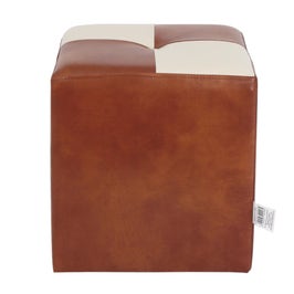 Taburet Cool tip cub, fix, patrat, imitatie piele, cognac + crem, 35 x 35 x 36 cm
