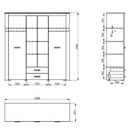 Dulap dormitor Kent 4K2F2O, stejar alb + stejar gri, 4 usi, cu oglinda, 198.5 x 55.5 x 206.5 cm, 5C